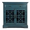 Craftsman Series 32 Inch Wooden Accent Cabinet with Fretwork Glass Front, Blue