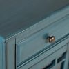 Craftsman Series 32 Inch Wooden Accent Cabinet with Fretwork Glass Front, Blue