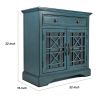 Craftsman Series 32 Inch Wooden Accent Cabinet with Fretwork Glass Front, Blue