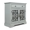 Craftsman Series 32 Inch Wooden Accent Cabinet with Fretwork Glass Front, Earl Gray