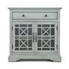 Craftsman Series 32 Inch Wooden Accent Cabinet with Fretwork Glass Front, Earl Gray