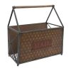 Wood and Metal Frame Basket with Handle and Typography, Brown and Gray