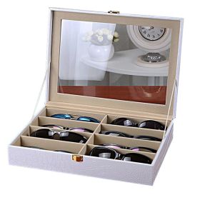 Leather Storage Case Eyeglasses Display Organizer Box?C 8 Compartments (White)