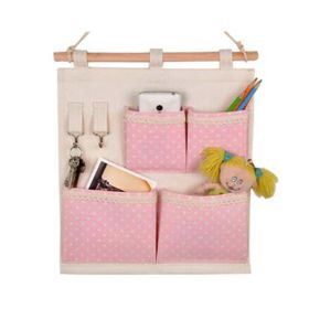 4-Pockets Zakka Wall Door Closet Hanging Storage Bag Case Home Organizer, Pink