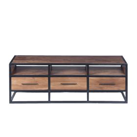 Spacious Acacia Wood TV Unit with Metal Frame, Walnut Brown and Black