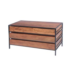 Spacious Three Drawer Acacia Wood Chest With Iron Framework, Brown and Black