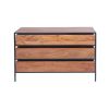 Spacious Three Drawer Acacia Wood Chest With Iron Framework, Brown and Black