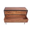 Spacious Three Drawer Acacia Wood Chest With Iron Framework, Brown and Black