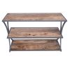 Metal Framed Three Tier Console Table with Mango Wood Shelves, Brown and Gray