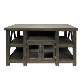 52 Inch Handmade Wooden TV Stand with 2 Glass Door Cabinet, Distressed Gray