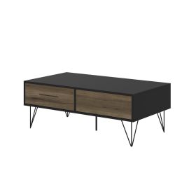 DunaWest 2 Removable Drawer Wooden Coffee Table With Hairpin Legs, Black and Brown