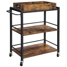 DunaWest Tray Top Wooden Kitchen Cart with 2 Shelves and Casters, Brown and Black