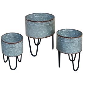 DunaWest Round Galvanized Metal Planters with Hairpin Legs, Gray and Black