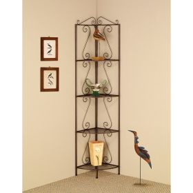 Four Tier Metal Foldable Corner Bookcase with Decorative Scrolled Details, Black