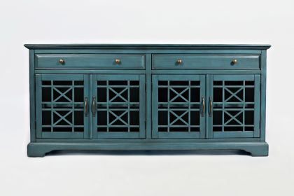 Craftsmen Series 70 Inch Wooden Media Unit with Fretwork Glass Front, Antique Blue